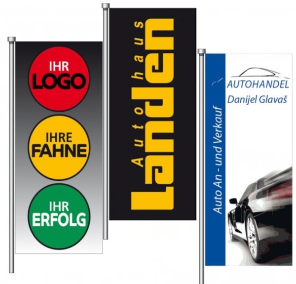 •	Fahnen 100x400cm für 8m Maste mit Ihrem Logo.